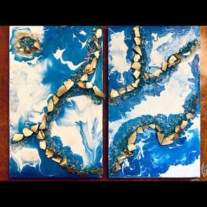 Geode resin wall art in wood & energetic crystals for attracting positive energy